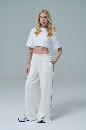 Soft Touch Premium Slit Palazzo Pants - Bej Yüksek Bel Modal Kumaşlı Yırtmaçlı Kadın Palazzo Bol Paça Eşofman Altı