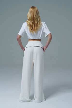 Soft Touch Premium Slit Palazzo Pants - Bej Yüksek Bel Modal Kumaşlı Yırtmaçlı Kadın Palazzo Bol Paça Eşofman Altı