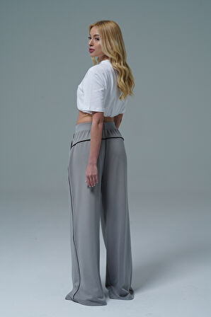 Soft Touch Premium Slit Palazzo Pants - Gri Yüksek Bel Modal Kumaşlı Yırtmaçlı Kadın Palazzo Bol Paça Eşofman Altı