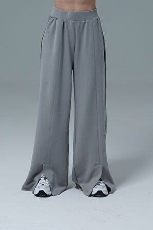 Soft Touch Premium Slit Palazzo Pants - Gri Yüksek Bel Modal Kumaşlı Yırtmaçlı Kadın Palazzo Bol Paça Eşofman Altı