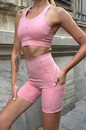 Aero Motion Premium  - Desenli Pudra Yüksek Bel Push-Up Toparlayıcı Şort Tayt