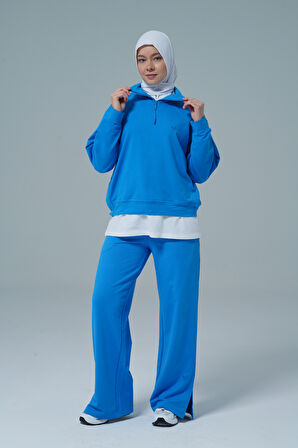 Mavi V Yaka Tesettür Sweatshirt 