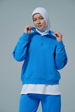 Mavi V Yaka Tesettür Sweatshirt 