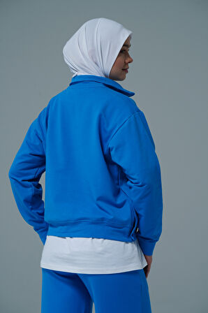 Mavi V Yaka Tesettür Sweatshirt 
