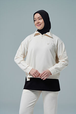 Bej V Yaka Tesettür Sweatshirt 