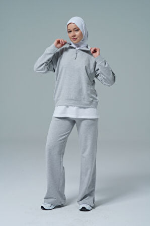 Gri V Yaka Tesettür Sweatshirt 