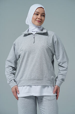 Gri V Yaka Tesettür Sweatshirt 