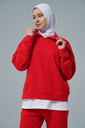 Kırmızı V Yaka Tesettür Sweatshirt 