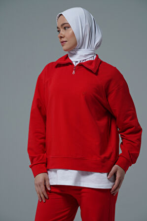 Kırmızı V Yaka Tesettür Sweatshirt 