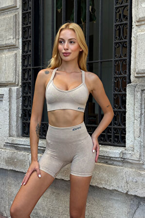 Prime FIT - Bej Yüksek Bel Seamless Push-Up Toparlayıcı Şort Tayt