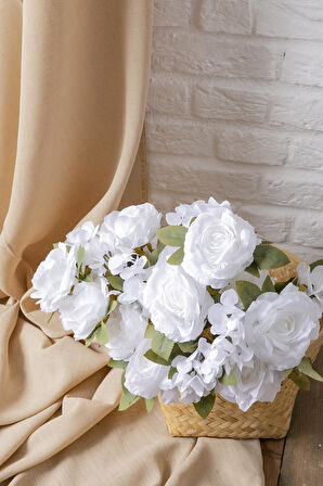 Yapay Ortancalı Gül Demeti Beyaz 45 Cm 11 Dal