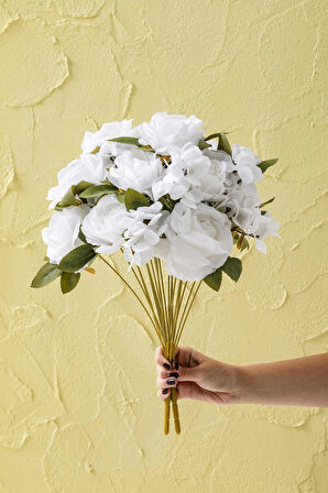 Yapay Ortancalı Gül Demeti Beyaz 45 Cm 11 Dal