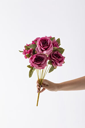 Yapay Ortancalı Gül Demeti Fuşya 45 Cm 11 Dal