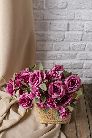 Yapay Ortancalı Gül Demeti Fuşya 45 Cm 11 Dal