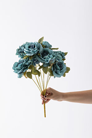 Yapay Ortancalı Gül Demeti Mavi 45 Cm 11 Dal