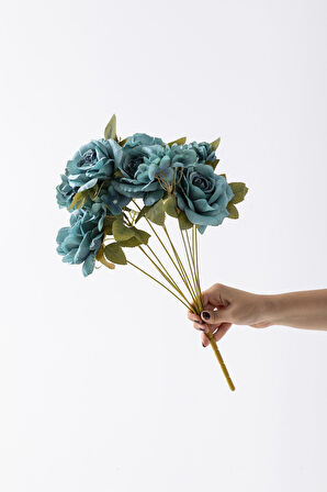 Yapay Ortancalı Gül Demeti Mavi 45 Cm 11 Dal