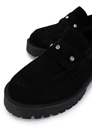 Tamer Tanca Kadın Hakiki Deri Siyah Süet Loafer Ayakkabı 1054 01 BN AYK SK24-25 SIYAH SUET