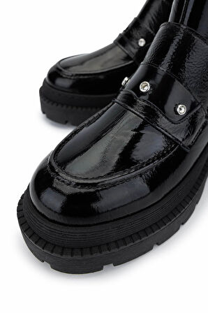 Tamer Tanca Kadın Hakiki Deri Siyah Rugan Casual Bot 1054 8000 BN BOT SK24-25 SIYAH RGN