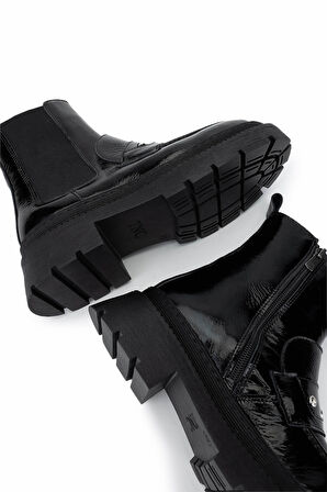 Tamer Tanca Kadın Hakiki Deri Siyah Rugan Casual Bot 1054 8000 BN BOT SK24-25 SIYAH RGN