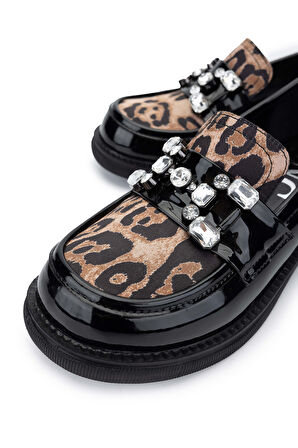 Tamer Tanca Kadın Hakiki Deri Siyah Rugan/Leopar Loafer Ayakkabı 1065 60-2071 BN AYK SK24-25 SYH RGN/LEOPAR
