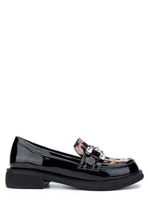 Tamer Tanca Kadın Hakiki Deri Siyah Rugan/Leopar Loafer Ayakkabı 1065 60-2071 BN AYK SK24-25 SYH RGN/LEOPAR