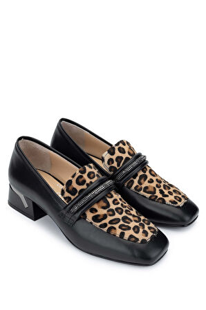 Tamer Tanca Kadın Hakiki Deri Siyah Deri Topuklu Ayakkabı 33 64000 BN AYK SK24-25 SYH DR/LEOPAR