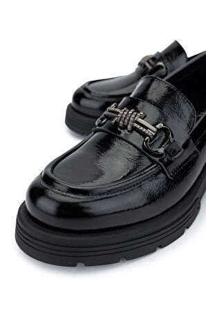 Tamer Tanca Kadın Hakiki Deri Siyah Rugan Loafer Ayakkabı 33 2005-1 BN AYK SK24-25 SIYAH RGN