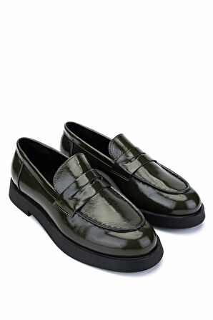 Tamer Tanca Kadın Hakiki Deri Haki Rugan Loafer Ayakkabı 1059 0930-1650 BN AYK SK24-25 HAKI KRSK RGN