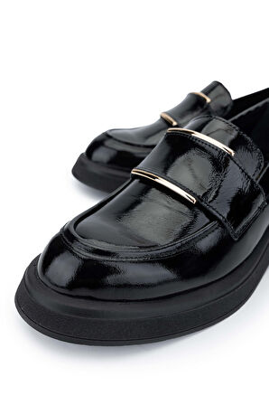 Tamer Tanca Kadın Hakiki Deri Siyah Rugan Loafer Ayakkabı 1066 2305 BN AYK SK24-25 SIYAH KRSK RGN