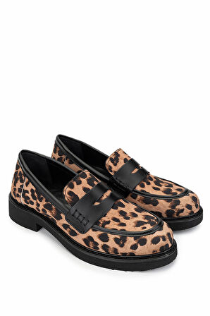 Tamer Tanca Kadın Vegan Leopar/Siyah Loafer Ayakkabı 817 1001 BN AYK SK24-25 LEOPAR/SYH CILT