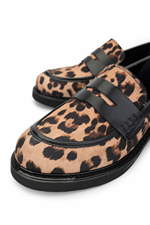 Tamer Tanca Kadın Vegan Leopar/Siyah Loafer Ayakkabı 817 1001 BN AYK SK24-25 LEOPAR/SYH CILT