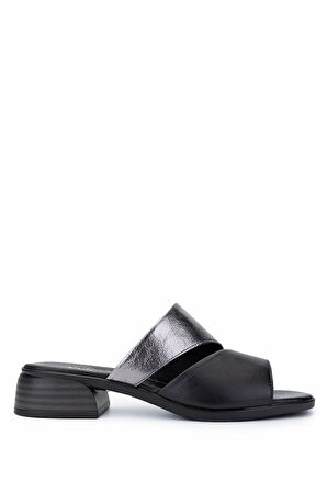 Tamer Tanca Kadın Hakiki Deri Siyah Topuklu Terlik 956 10201 BN TRLK Y25 SIYAH/PLATIN