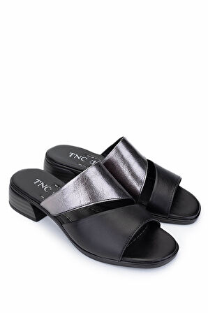 Tamer Tanca Kadın Hakiki Deri Siyah Topuklu Terlik 956 10201 BN TRLK Y25 SIYAH/PLATIN