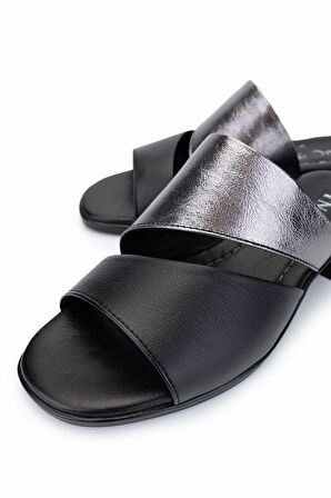 Tamer Tanca Kadın Hakiki Deri Siyah Topuklu Terlik 956 10201 BN TRLK Y25 SIYAH/PLATIN