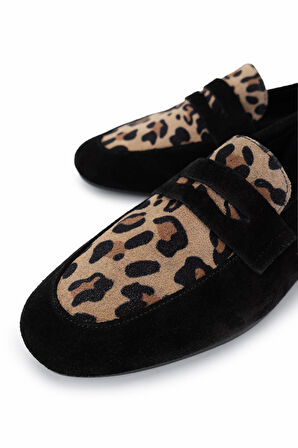 Tamer Tanca Kadın Hakiki Deri Siyah Süet Loafer Ayakkabı 961 555 BN AYK Y25 SYH SUET/LEOPAR