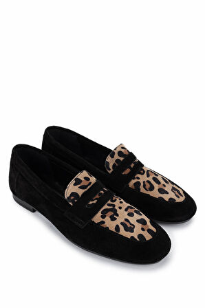 Tamer Tanca Kadın Hakiki Deri Siyah Süet Loafer Ayakkabı 961 555 BN AYK Y25 SYH SUET/LEOPAR