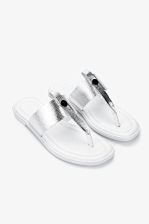 Valmenti Kadın Hakiki Deri Beyaz/Lame Parmak Arası Terlik 878 103 BN TRLK Y25 BEYAZ/LAME