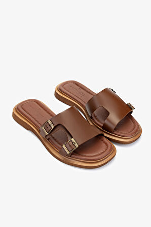 Valmenti Kadın Hakiki Deri Kahverengi Düz Terlik 878 104 BN TRLK Y25 KAHVE/KAHVE