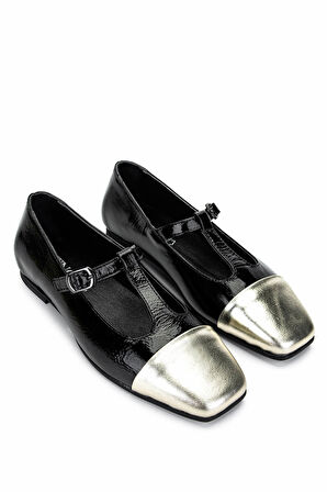 Tamer Tanca Kadın Hakiki Deri Siyah/Dore Babet Ayakkabı 879 3642 BN AYK Y25 SYH RGN/DORE