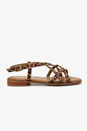 Valmenti Kadın Hakiki Deri Düz Sandalet 838 16213 BN SNDLT Y25 TABA LEOPAR