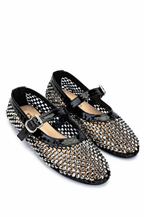 Tamer Tanca Kadın Deri & Tekstil Siyah Rugan Babet Ayakkabı 1036 7604 BN AYK Y25 SIYAH RGN