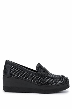 Tamer Tanca Kadın Hakiki Deri Siyah Taşlı Loafer Ayakkabı 937 23043 BN AYK Y25 SIYAH TASLI