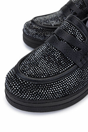 Tamer Tanca Kadın Hakiki Deri Siyah Taşlı Loafer Ayakkabı 937 23043 BN AYK Y25 SIYAH TASLI