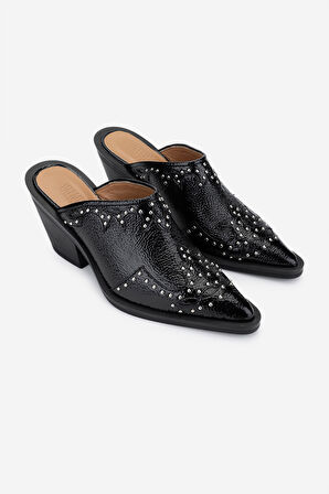 Valmenti Kadın Hakiki Deri Siyah Rugan Topuklu Terlik 1072 9766 BN AYK Y25 SIYAH KRSK RGN