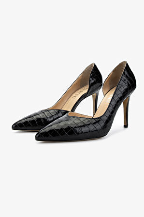 Valmenti Kadın Hakiki Deri Siyah Kroko Topuklu Ayakkabı 1074 2307 BN AYK Y25 SIYAH KROKO