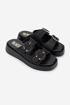 Valmenti Kadın Vegan Düz Terlik 1141 626 SARDENIA 6-1 BYN TRLK Y25 BLACK RAFFIA