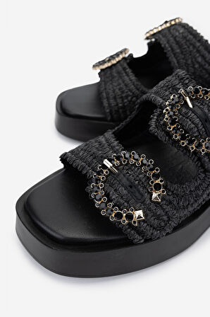 Valmenti Kadın Vegan Düz Terlik 1141 626 SARDENIA 6-1 BYN TRLK Y25 BLACK RAFFIA