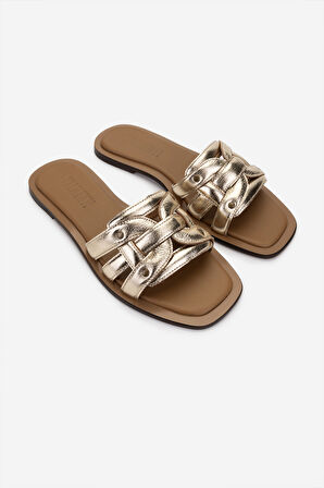 Valmenti Kadın Hakiki Deri Dore Düz Terlik 1112 110-14 BN TRLK Y25 DORE