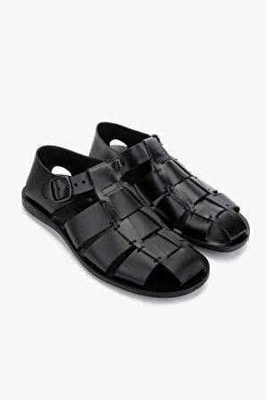Valmenti Erkek Hakiki Deri Siyah Düz Sandalet 1152 1520 ERK SNDLT Y25 NERO