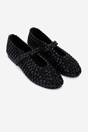 Valmenti Kadın Hakiki Deri Siyah/Siyah Taş Babet Ayakkabı 35 2880 BN AYK SK25-26 SYH SUET/SYH TAS